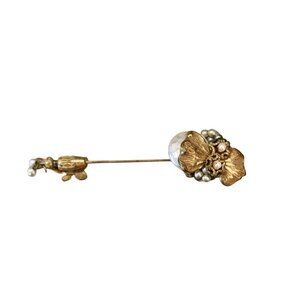 Miriam Haskell Gold Stick Pin With Faux Pearls & Floral Design
